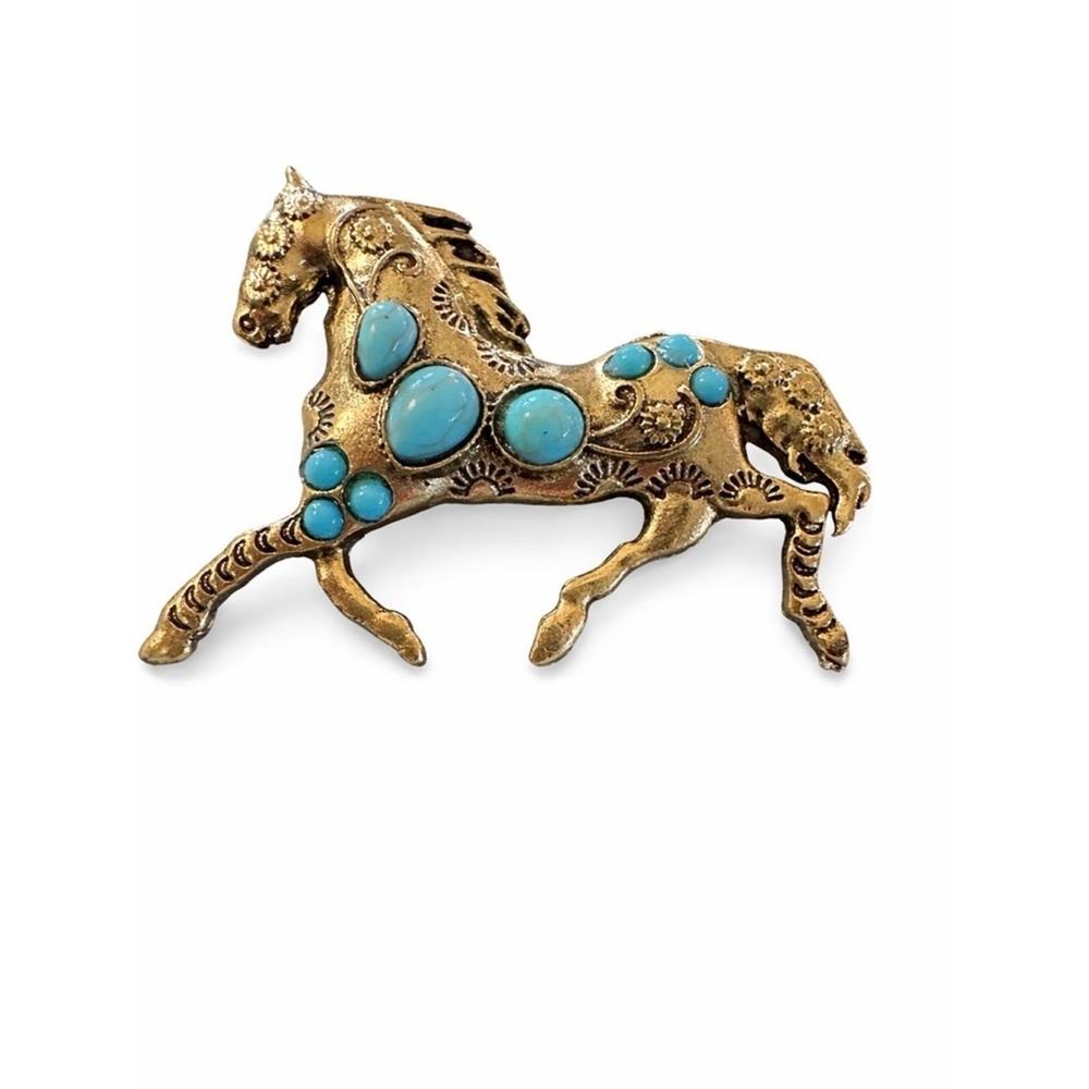 Gold Tone Horse Brooch Turquoise Cabochon Stones Vintage Style Equestrian Pin